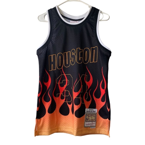 NWOT Mitchell & Ness Houston Rockets Olajuwon 34 Flame Fire Jersey Mens Small - Picture 1 of 6